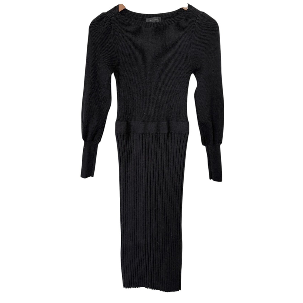 Ann Taylor Ribbed Knit Midi Dress Women XS Black Pearl Cuff‎ Puff Sleeve